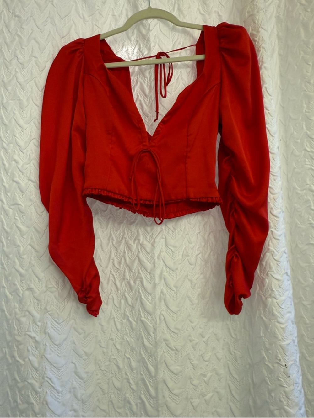 Red Long-Sleeve Tie-Front Crop Top
